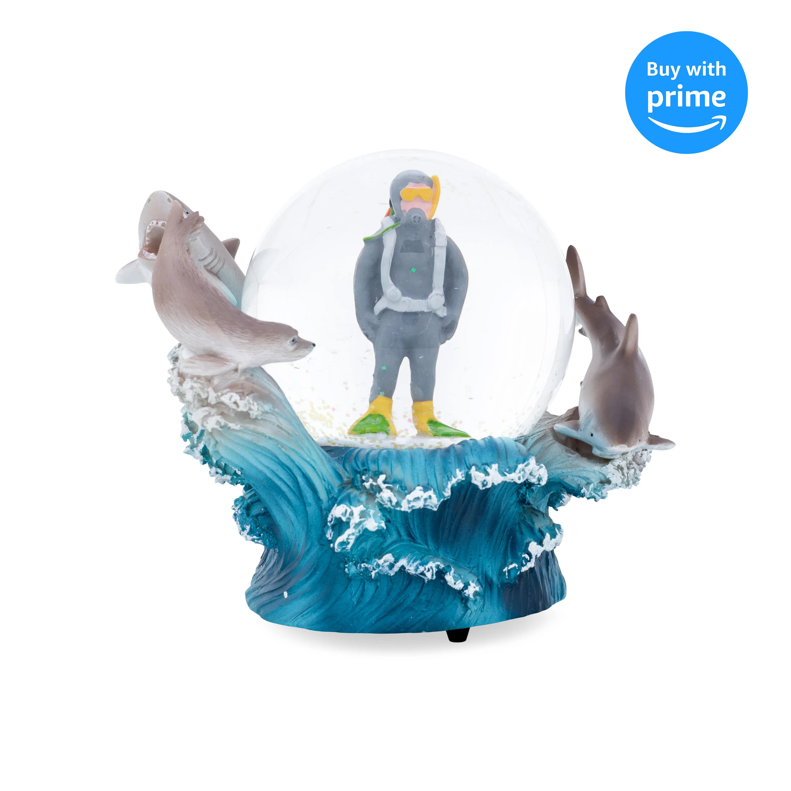 Scuba Diver Dolphins Blue 6.7 x 5.5 Resin Glitter Globe Plays Over The