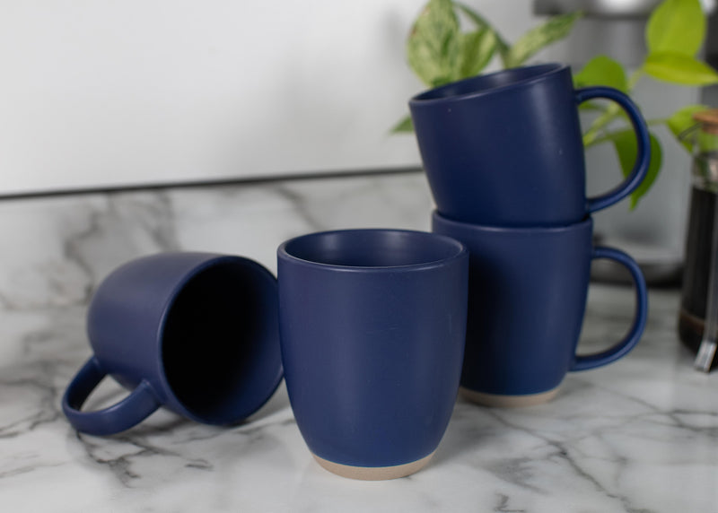 Elanze Designs Tall Ribbed Raw Clay Bottom Grey 16 Ounce Ceramic Coffee Mugs Set of 4