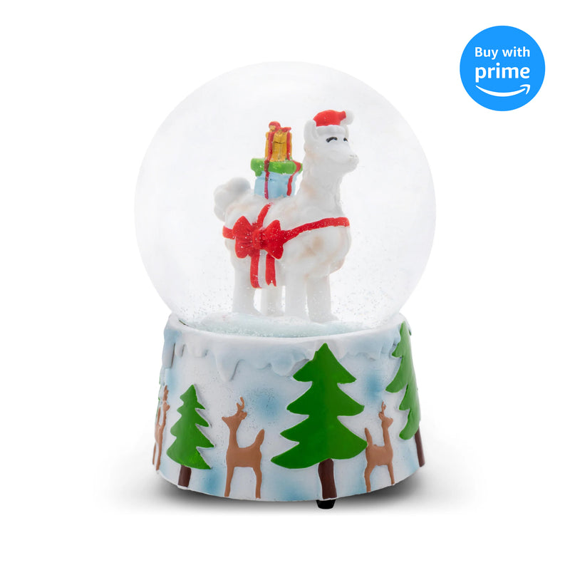 Winter Llama White 5.7 x 3.7 Resin Stone Snow Water Globe Plays Jingle Bells