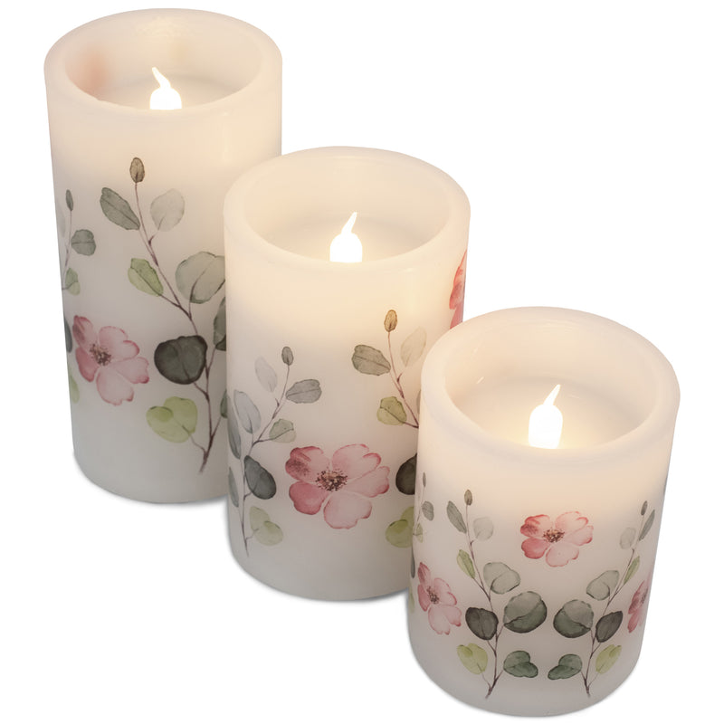 Elanze Designs Floral Pink and Green 6 inch Wax Flameless Candles Set of 3