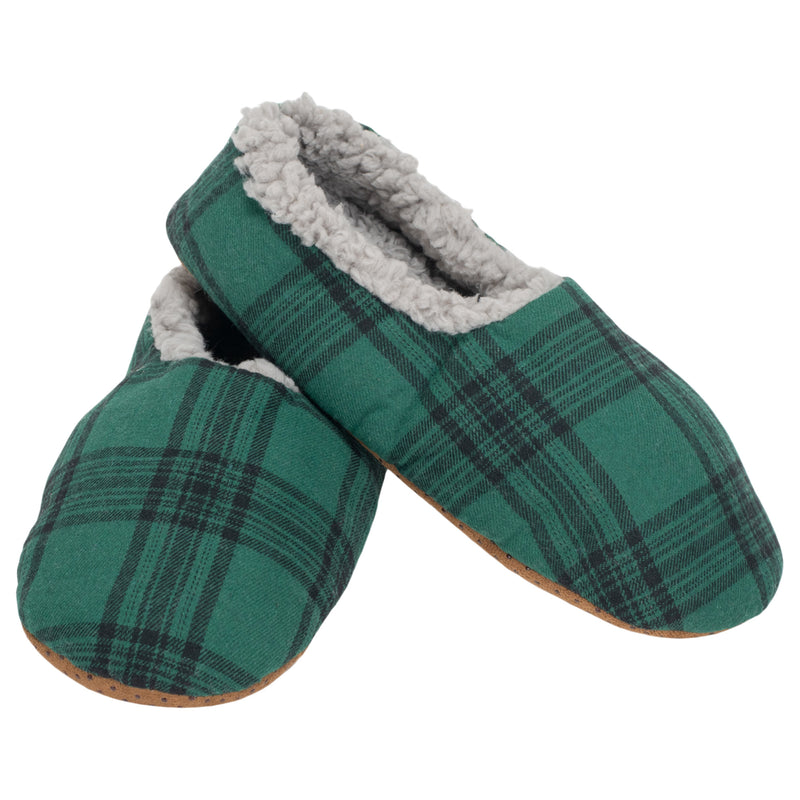 Green Plaid Mens Plush Lined Cozy Non Slip Indoor Soft Slippers - Medium